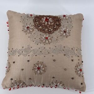 Anthropologie Beaded Silk Accent Pillow Champagne Red Embellished‎ Boho-Luxe